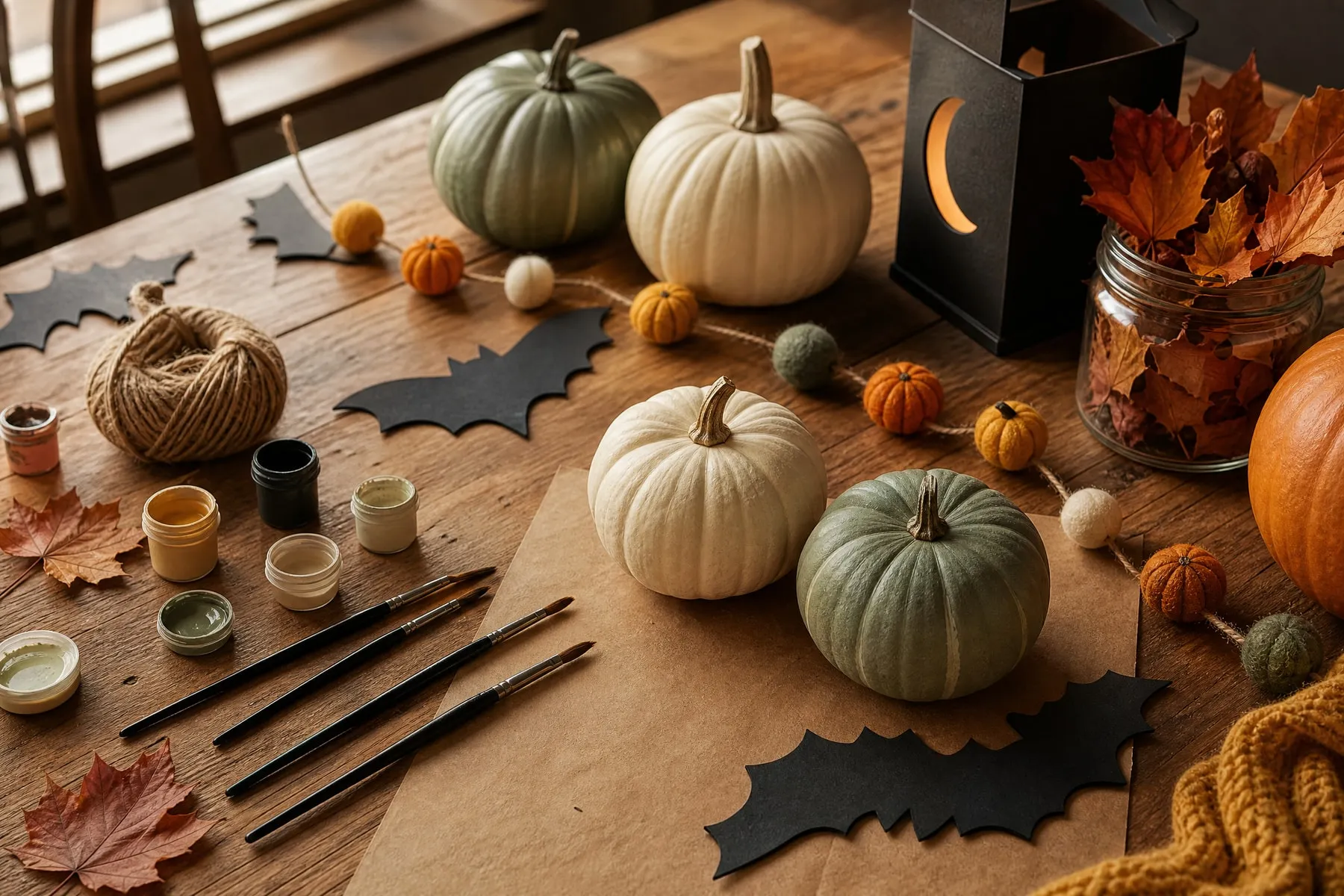 A Halloween craft table: painted pumpkins in cream and sage, paper bats and a felt garland