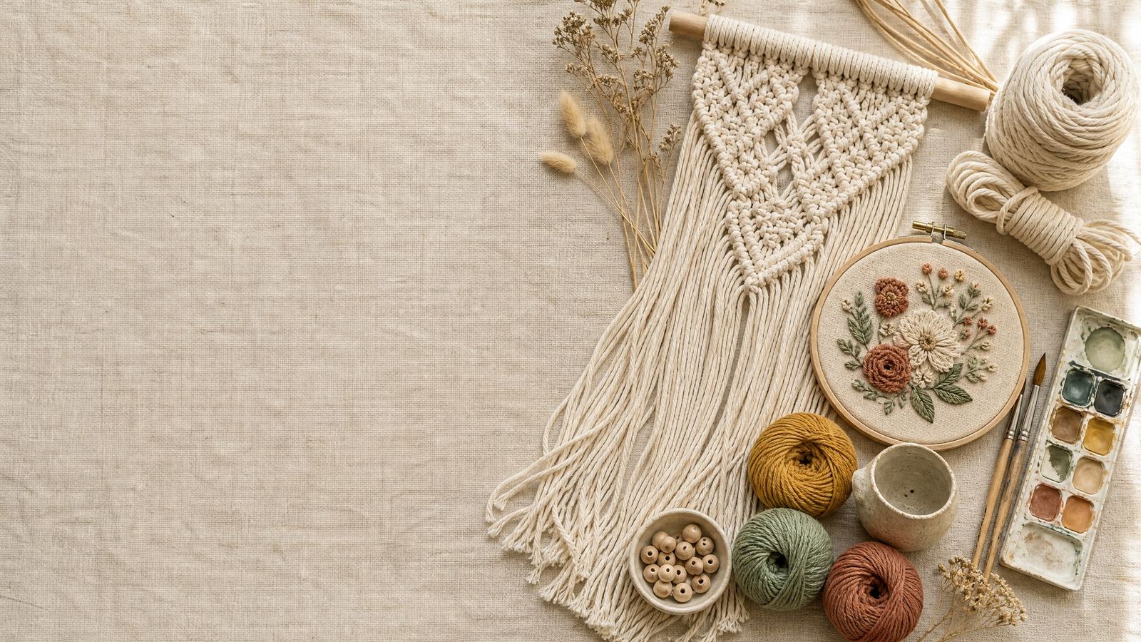 An art studio worktable seen from above: a macramé hanging, an embroidery hoop, wool in mustard, sage and terracotta, and a watercolour palette
