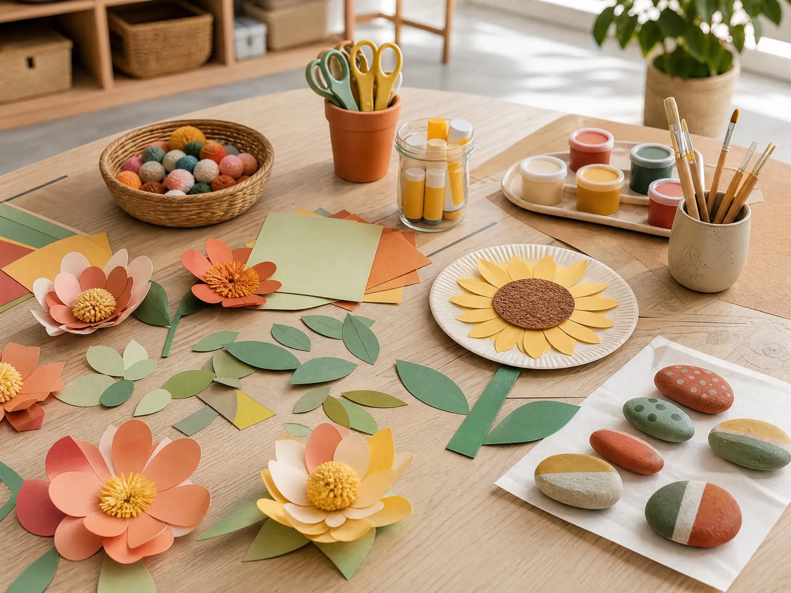 A craft table set for children: paper flowers, pom-poms, paint pots and painted pebbles