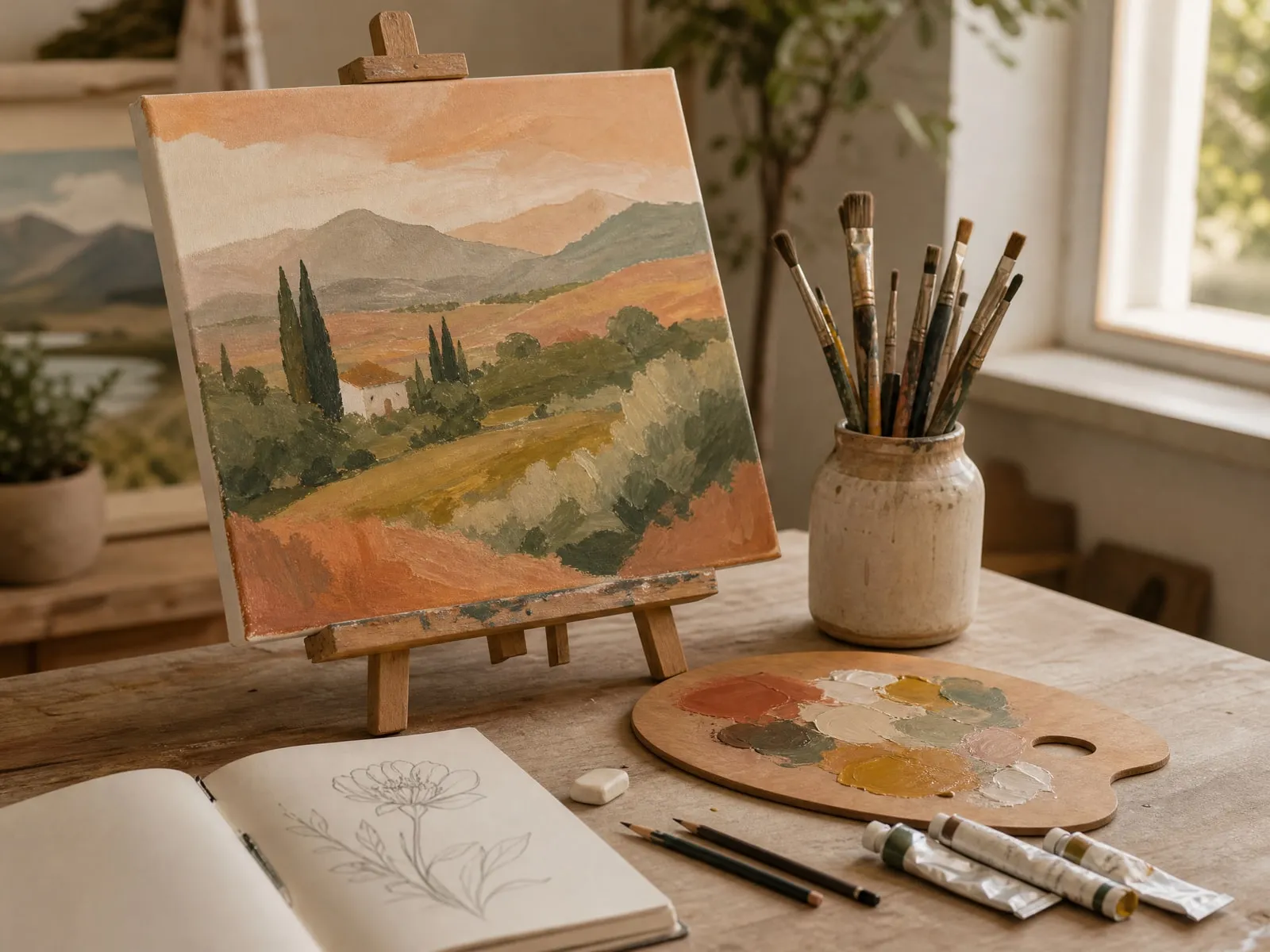 An easel with a landscape painting, a jar of brushes, a palette and a sketchbook