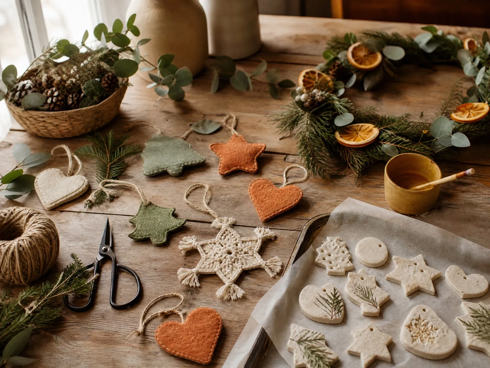 A Christmas craft table with felt stars, salt-dough decorations, pine sprigs and a dried-orange wreath