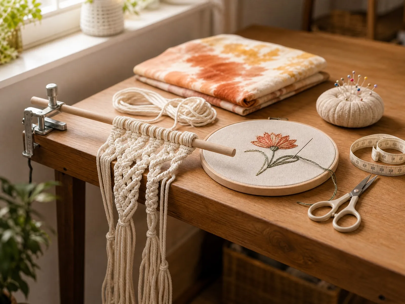 A textiles table: a half-knotted macramé plant hanger, an embroidery hoop and tie-dyed cotton